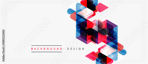 Abstract geometric shapes overlap, creating vibrant design. Red, blue, pink hues dominate white background. Modern aesthetic.