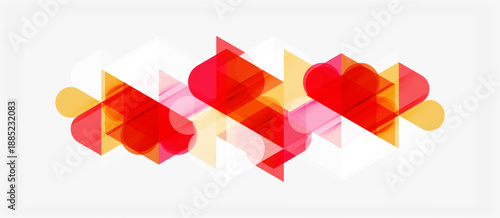 Abstract geometric shapes, overlapping hearts. Red, pink, yellow hues create vibrant design. Modern, minimalist aesthetic.