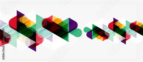 Abstract geometric shapes overlap, creating colorful pattern. Minimalist design with vibrant hues, modern aesthetic.