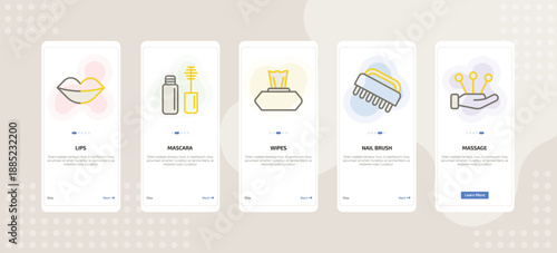 onboarding screen template for makeup mobile app ui with lips, mascara, wipes, nail brush, massage icons.