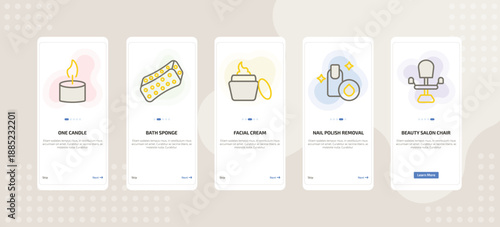 onboarding screen template for makeup mobile app ui with one candle, bath sponge, facial cream, nail polish removal, beauty salon chair icons.