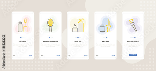 onboarding screen template for makeup mobile app ui with lip gloss, inclined hairbrush, skincare, eyeliner, makeup brush icons.