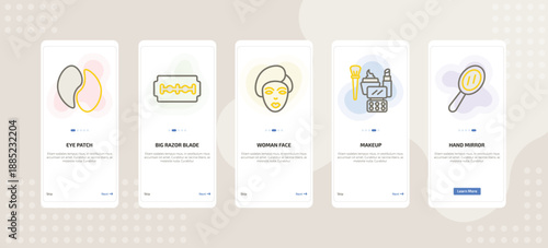 onboarding screen template for makeup mobile app ui with eye patch, big razor blade, woman face, makeup, hand mirror icons.