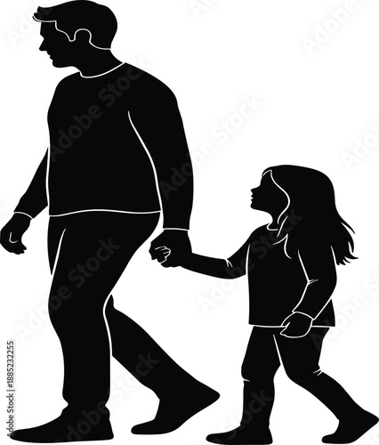 Father and daughter silhouettes walking hand in hand, caring parent guiding child, family love protection concept, black vector illustration isolated white background