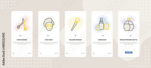 onboarding screen template for makeup mobile app ui with hair scissors, face mask, inclined makeup brush, concealer, round perfume bottle icons.
