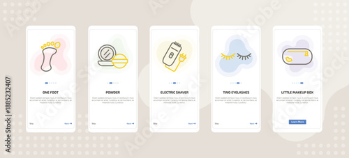 onboarding screen template for makeup mobile app ui with one foot, powder, electric shaver, two eyelashes, little makeup box icons.