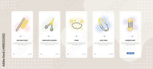 onboarding screen template for makeup mobile app ui with inclined comb, manicure scissors, foam, aloe vera, barber shop icons.