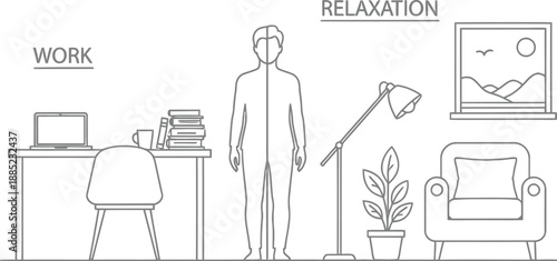 Line art illustration conceptualizing the balance between dedicated work activities and essential relaxation periods for overall well being
