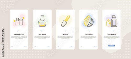 onboarding screen template for makeup mobile app ui with finger with nail, nail polish, pedicure, hair sample, liquid makeup icons.