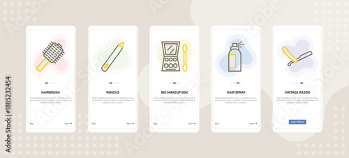 onboarding screen template for makeup mobile app ui with hairbrush, pencils, big makeup box, hair spray, vintage razor icons.