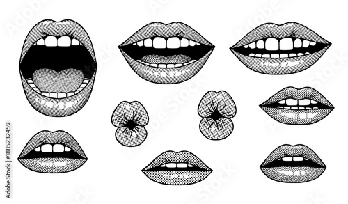 90s halftone female mouths vector set for trendy collage