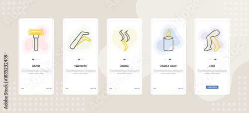 onboarding screen template for makeup mobile app ui with razor, tweezers, aroma, candle light, legs icons.