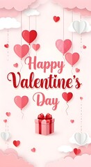 Valentine's Day Greeting Card Clipart - Heart Balloons, Gift Box & Clouds Paper Cut Design in Pink