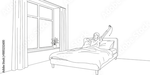 Sketch illustration depicts a young woman stretching luxuriously in bed immediately after waking up as morning sunlight streams through a large window