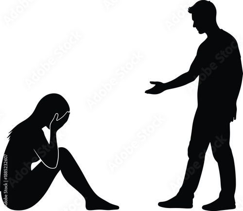 Man offering help to distressed woman silhouette, compassion empathy and mental health support concept, emotional care scene, black vector illustration isolated white background