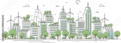 Line art illustration depicting a futuristic sustainable city skyline integrated with renewable energy sources and abundant natural green spaces for ecological balance.
