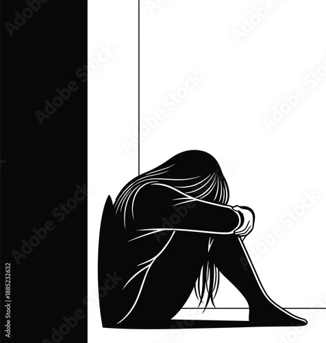 Lonely woman silhouette sitting on floor, sadness depression concept, emotional stress and isolation, black vector illustration isolated white background