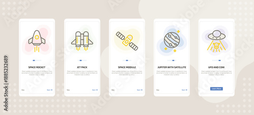 onboarding screen template for astronomy mobile app ui with space rocket, jet pack, space module, jupiter with satellite, ufo and cow icons.