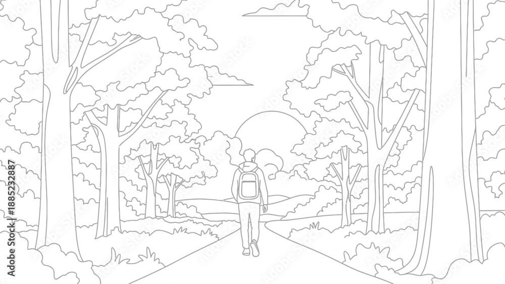 Obraz premium Young traveler with a backpack walking down a path surrounded by lush forest trees toward a bright setting or rising sun illustration outline.