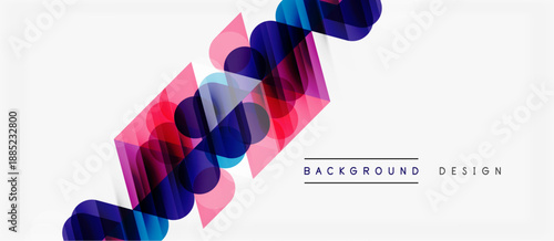 Abstract geometric shapes overlap, creating dynamic visual flow. Blue, pink, purple hues dominate white background. Modern design element.