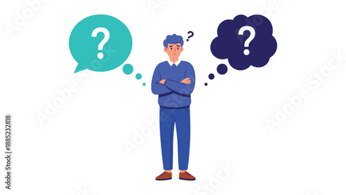 Man standing with crossed arms confused by two opposing thought bubbles representing choices