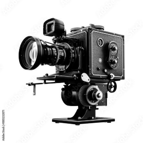 Monochrome halftone illustration of a vintage film camera isolated on white, symbol of cinematography, filmmaking, photography equipment, retro media, and creative production.
