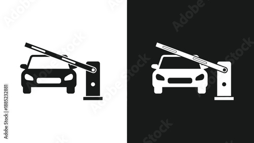 Simple graphic icons showing a car approaching an automatic barrier gate entry system