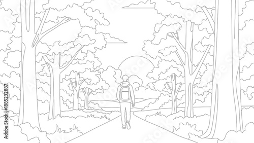 Young traveler with a backpack walking down a path surrounded by lush forest trees toward a bright setting or rising sun illustration outline.