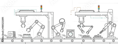Automated assembly line featuring multiple robotic arms performing precise manufacturing tasks on electronic components along a conveyor system