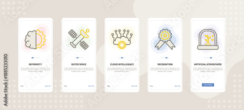 onboarding screen template for AI mobile app ui with deformity, outer space, cloud intelligence, recognition, artificial atmosphere icons.