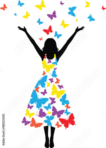 Woman silhouette raising arms with colorful butterflies flying freely, happiness freedom imagination concept, vibrant creative art illustration isolated white background
