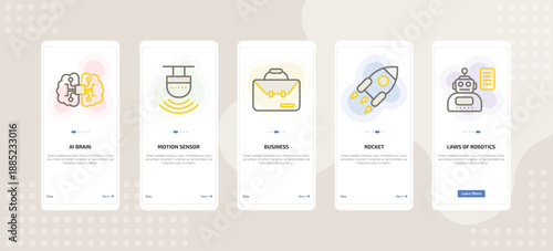 onboarding screen template for AI mobile app ui with ai brain, motion sensor, business, rocket, laws of robotics icons.