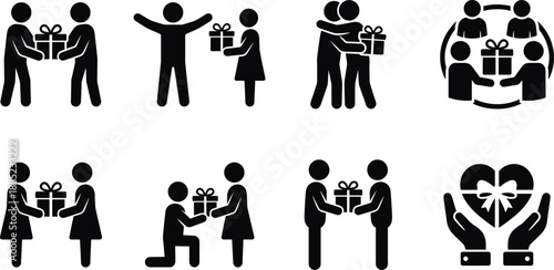 People exchanging gifts icons set. symbolizing gratitude and human connection. stick figure 