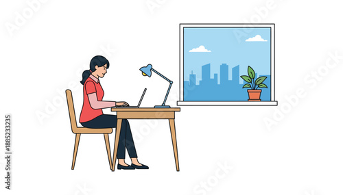Young woman working laptop home office desk blue lamp plant by window city skyline background