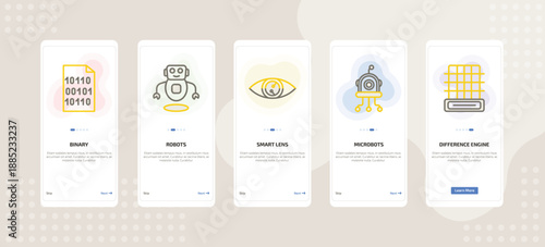 onboarding screen template for AI mobile app ui with binary, robots, smart lens, microbots, difference engine icons.