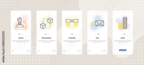 onboarding screen template for AI mobile app ui with speech, replacement, flyboard, mail, coins icons.