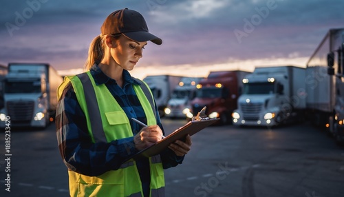 Serious female logistic manager checking cargo manifest at a truck stop during twilight, ensuring efficient freight operations, for Supply Chain, Transport, and Global Trade