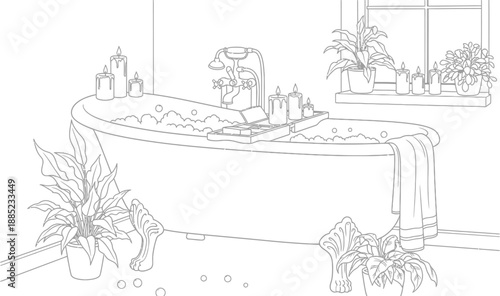 Coloring page features a relaxing clawfoot bathtub filled with bubbles surrounded by potted plants and lit candles creating a spa atmosphere.