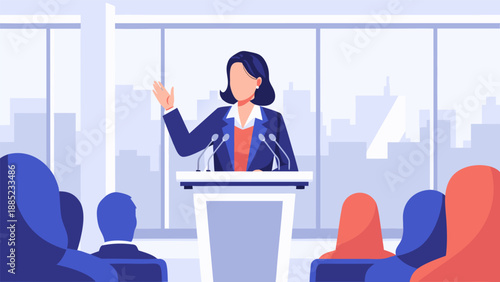 Vector illustration of a female politician or businesswoman giving a speech at a podium with an audience in the background