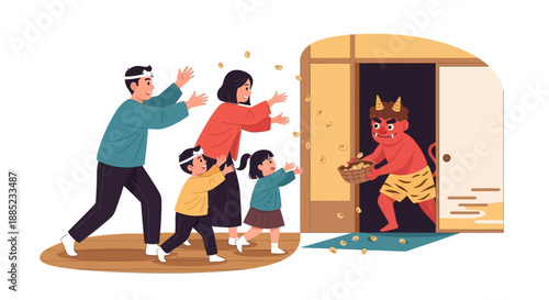 Illustration of a family participating in the Setsubun Bean Throwing Ritual with an oni character at a doorway on a festive day.