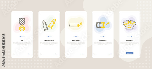 onboarding screen template for military and defense mobile app ui with in, two bullets, explosive, dynamite, knuckle icons.