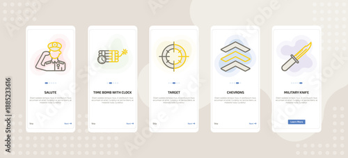 onboarding screen template for military and defense mobile app ui with salute, time bomb with clock, target, chevrons, military knife icons.