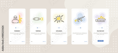 onboarding screen template for military and defense mobile app ui with terrorist, torpedo, explosion icon