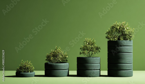 Eco-friendly tire planters with green foliage arranged in increasing height on recycled rubber tires in vibrant green background
