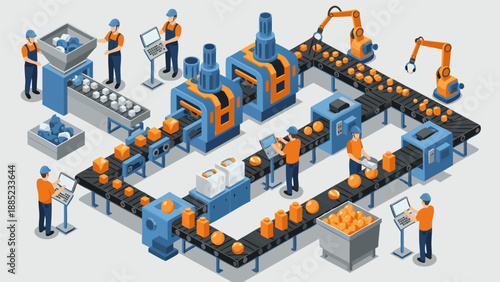 Isometric vector illustration of an automated factory production line with robots and workers
