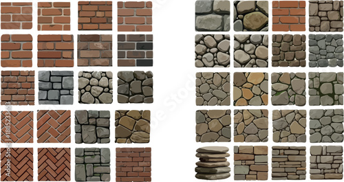 Brick and Stone Textures: A grid arrangement showcasing a variety of brick and stone patterns, perfect for creating visually interesting backgrounds and textures for design.