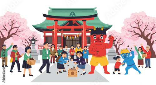 Illustration of people celebrating Setsubun Bean Throwing Ritual in front of a traditional Japanese temple with a large oni character, surrounded by cherry blossoms.
