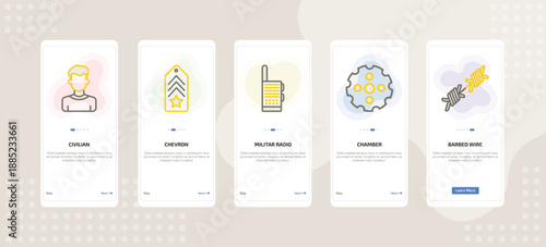 onboarding screen template for military and defense mobile app ui with civilian, chevron, militar radio, chamber, barbed wire icons.