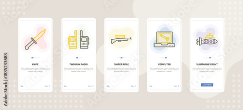 onboarding screen template for military and defense mobile app ui with knife, two way radio, sniper rifle, computer, submarine front view icons.
