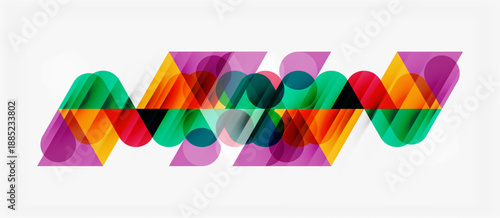Abstract geometric shapes overlap, creating vibrant colorful pattern. Modern design with translucent elements, dynamic composition.